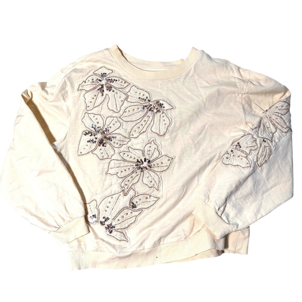 Anthropologie Cream Floral‎ Embellished Beaded Sequin Sweatshirt Womens Cream M